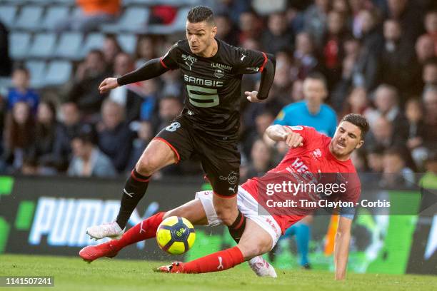 April 9: Anthony Briancon of Nimes was sent off for this challenge on Hatem Ben Arfa of Rennes during the Nimes V Stade Rennes, French Ligue 1,...