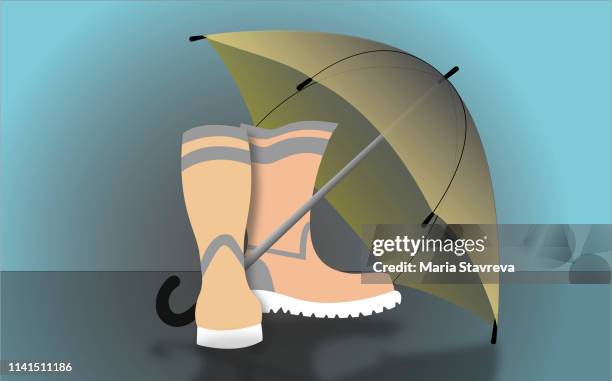 rubber boots with umbrella.vector - wet road stock illustrations
