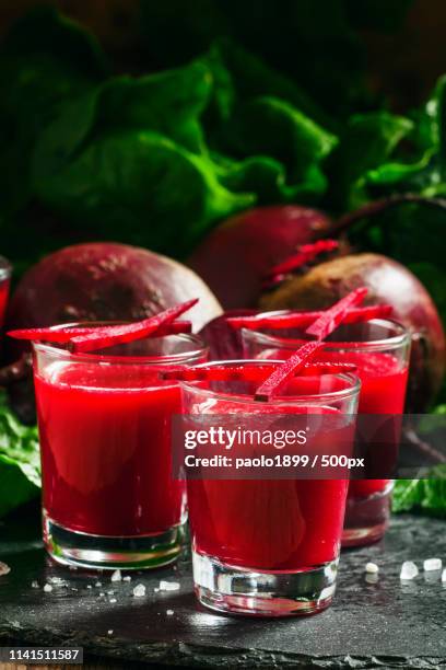 three glasses of beetroot smoothie drinks - beetroot smoothie stock pictures, royalty-free photos & images
