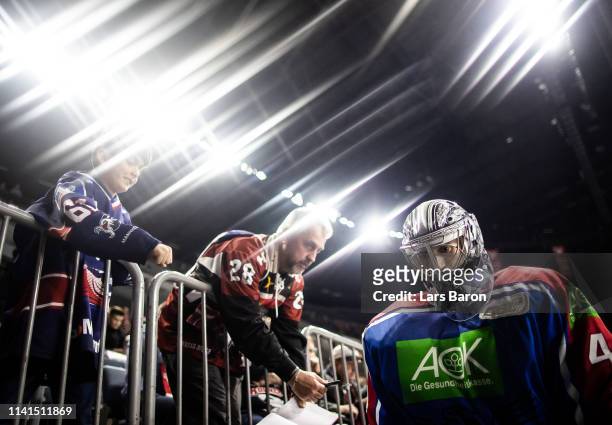 Goalie Dennis Endras of Mannheim is seen during the fourth game of the DEL Play-Offs Semi Final between Koelner Haie and Adler Mannheim at Lanxess...