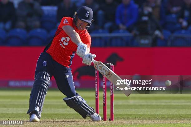 England's Eoin Morgan hits a six to win the game during the international Twenty20 cricket match between England and Pakistan at Sophia Gardens in...