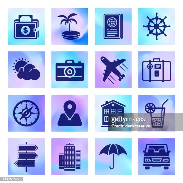 illustrations, cliparts, dessins animés et icônes de aventure tourisme destination holographique style vector icon set - airport logos