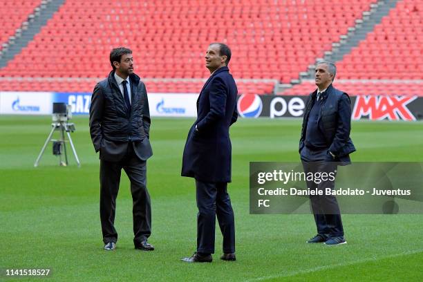 Juventus coach Massimiliano Allegri with Andrea Agnelli and Aldo Dolcetti during the walk around at Johan Cruyff Arena on April 09, 2019 in...