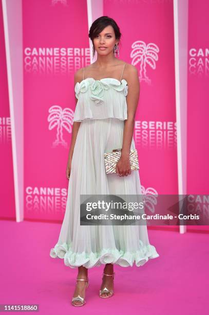 Canadian actress Jessica Lucas poses on the pink carpet during the 2nd Canneseries - International Series Festival : Day Five on April 09, 2019 in...