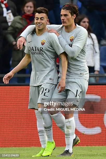 Roma Italian forward Stephan El Shaarawy is congratulated by AS Roma Czech forward Patrik Schick after scoring a goal during the Italian Serie A...