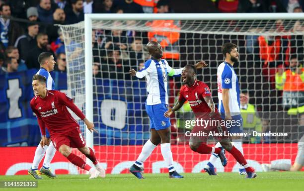 Naby Keïta of Liverpool celebrates after scoring the opening goal during the UEFA Champions League Quarter Final first leg match between Liverpool...