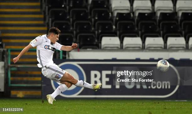 Swansea player Daniel James shoots to score the opening goal during the Sky Bet Championship match between Swansea City and Stoke City at Liberty...