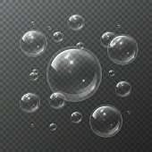 Soap bubbles. Aqua spheres blowing air foam bubble shampoo soap transparent bubbling shiny bubbly 3d isolated vector texture