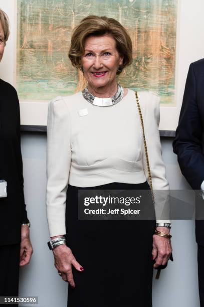 Her Majesty Queen Sonja of Norway at the opening of the Edvard Munch "Love And Angst" exhibition at the British Museum on April 09, 2019 in London,...