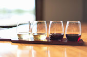 Wine flight on countertop at winery