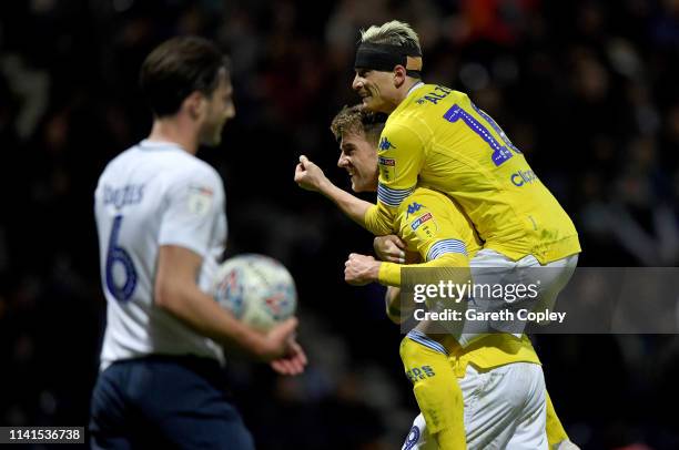 Patrick Bamford of Leeds United is congratulated by Ezgjan Alioski of Leeds United after he scores his second goal during the Sky Bet Championship...