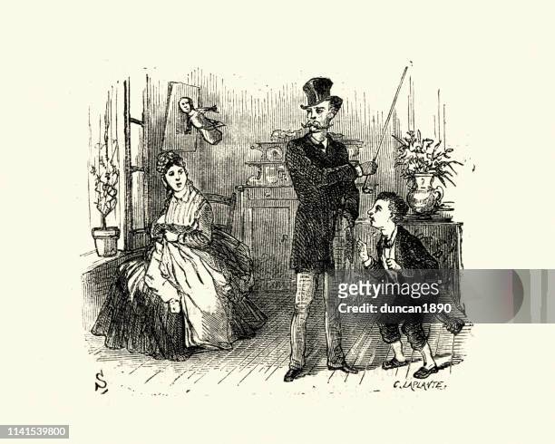 ilustraciones, imágenes clip art, dibujos animados e iconos de stock de padre amenazando a su hijo con un bastón, el siglo 19 victoriano - abuso infantil