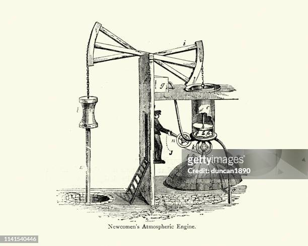 newcomen atmospheric steam engine - locomotive stock illustrations