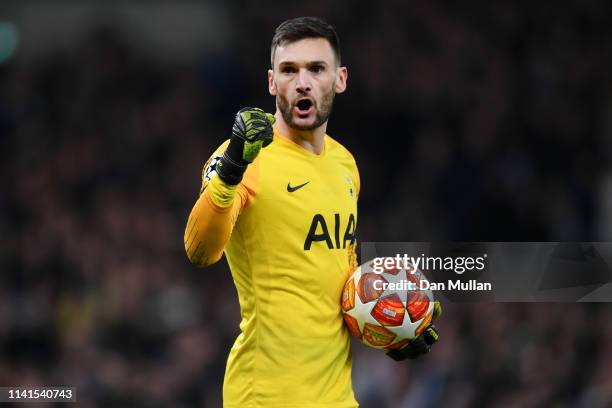 Hugo Lloris of Tottenham Hotspur celebrates victory after the UEFA Champions League Quarter Final first leg match between Tottenham Hotspur and...