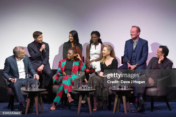 Joe Dempsie speaks as Zainab Jah, Anastaia Griffith, Walton Goggins, Karina McAdams, Lily Banda and Alistair Petrie take part in a Q&A session during...