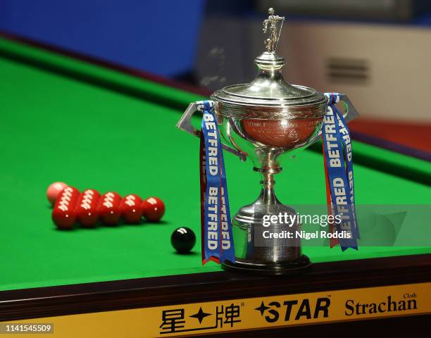 The winners trophy during the Final of the World Snooker Championship match between Judd Trump and John Higgins at the Crucible Theatre on May 5,...