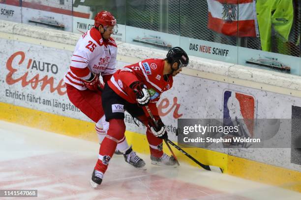 Oliver Lauridsen of Denmark and Thomas Raffl of Austria during the Austria v Denmark - Ice Hockey International Friendly at Erste Bank Arena on May...