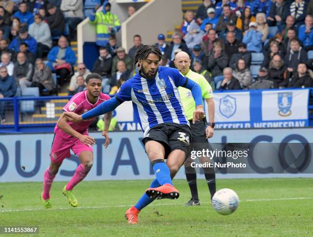 Michael Hector takes the equalising penalty shot during the FA Championship football match between Sheffield Wednesday FC and Queens Park Rangers FC...