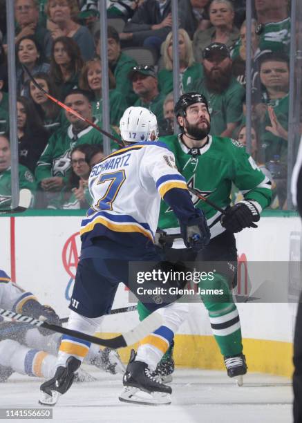 Roman Polak of the Dallas Stars tries to gather in the high bouncing puck against the St. Louis Blues in Game Six of the Western Conference Second...