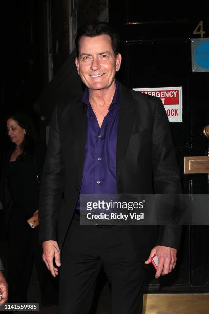 Charlie Sheen seen leaving Annabel's after Q&A to discuss his life and career on April 09, 2019 in London, England.