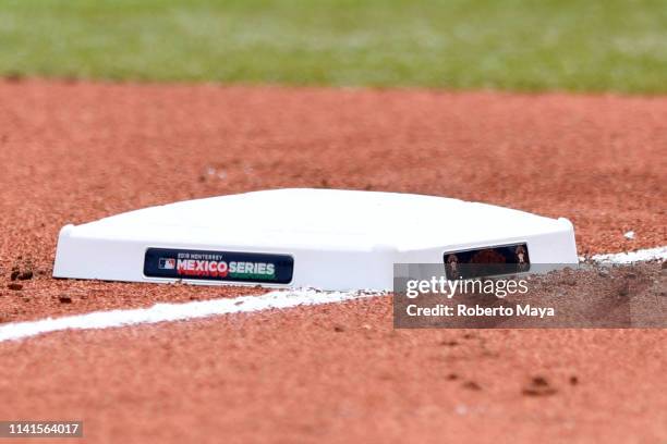 Detail shot of a base used during the game between the Houston Astros and the Los Angeles Angels at Estadio de Beisbol Monterrey on Sunday, May 5,...