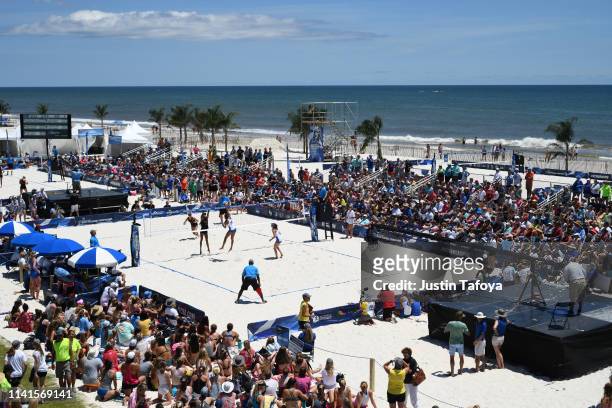 The UCLA Bruins take on the USC Trojans during the Division I Women's Beach Volleyball Championship held at the Gulf Shores Public Beach on May 5,...