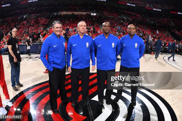 Referees Scott Foster, Jason Phillips, Derrick Collins, and Tre Maddox pose for a photo prior to a game between the Denver Nuggets and the against...
