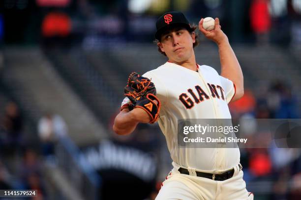 Derek Holland of the San Francisco Giants pitches during the first inning against the San Diego Padres at Oracle Park on April 09, 2019 in San...