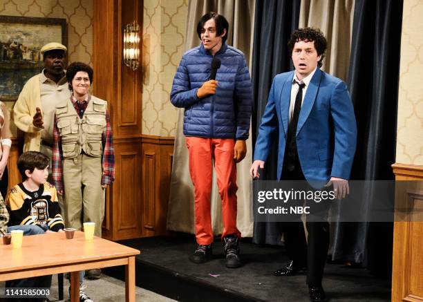 Adam Sandler" Episode 1765 -- Pictured: Leslie Jones as Chubbs, Melissa Villaseñor as the Waterboy, Pete Davidson as Little Nicky, and Beck Bennett...