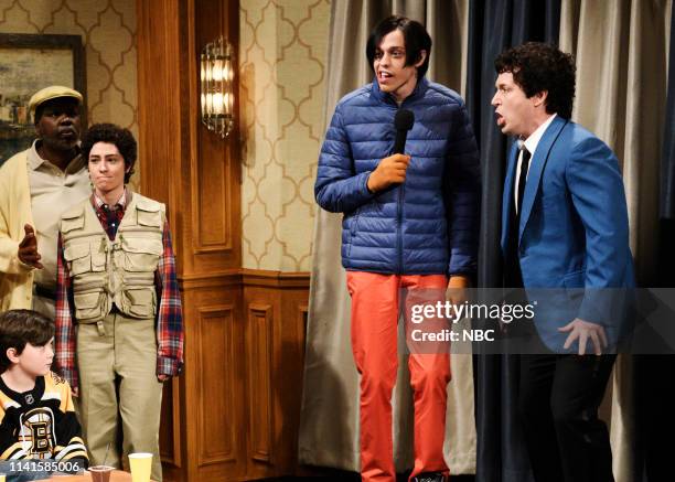 Adam Sandler" Episode 1765 -- Pictured: Leslie Jones as Chubbs, Melissa Villaseñor as the Waterboy, Pete Davidson as Little Nicky, and Beck Bennett...