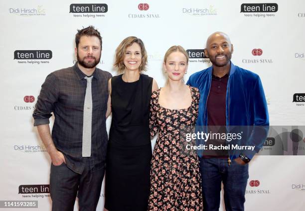 Actor James Roday, Teen Line Executive Director Michelle Carlson, actors Allison Miller and Romany Malco arrive at the Teen Line's Food for Thought...