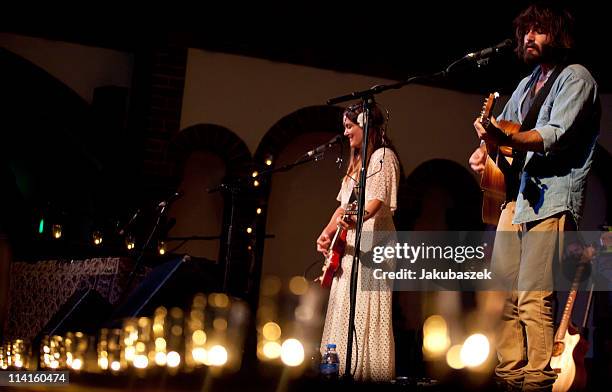 Julia Stone and Angus Stone of the Australian brother and sister act Angus and Julia Stone perform live during a concert at the Passionskirche on May...