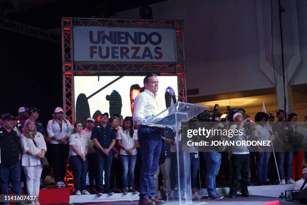 Panama's presidential candidate for the Democratic Revolutionary Party Laurentino Cortizo addresses supporters after being elected President of...