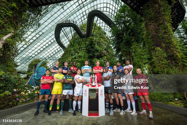 Captains of participating teams of the HSBC Singapore Rugby Sevens pose for photographs at Cloud Forest, Gardens by the Bay on April 10, 2019 in...