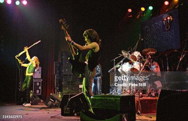 Dave Murray, Steve Harris, Paul Di'Anno and Clive Burr of Iron Maiden perform on stage at Hammersmith Odeon on March 14th, 1980 in London, United...