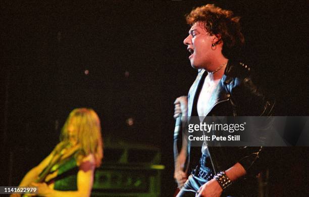 Dave Murray and Paul Di'Anno of Iron Maiden perform on stage at Hammersmith Odeon on March 14th, 1980 in London, United Kingdom.