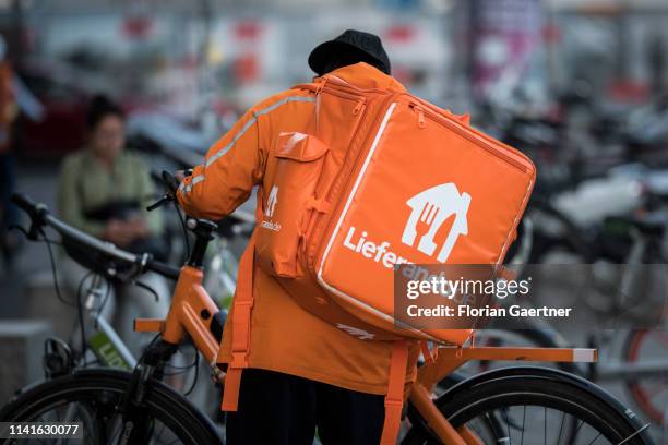 Cyclist of food delivery service Lieferando pictured on April 25, 2019 in Berlin, Germany.