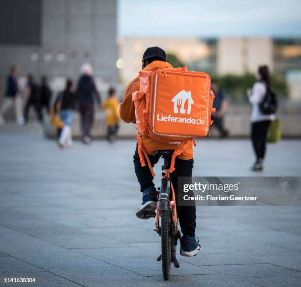 Cyclist of food delivery service Lieferando pictured on April 25, 2019 in Berlin, Germany.
