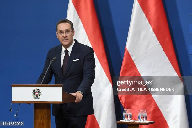 Austria's Vice-Chancellor and chairman of the Freedom Party FPOe Heinz-Christian Strache gives a press conference with Hungary's Prime Minister in...