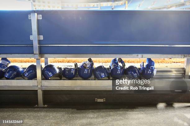 View of Toronto Blue Jays batting helmets during game vs Oakland Athleticcs at Rogers Centre. Equipment. Toronto, Canada 4/28/2019 CREDIT: Rob...