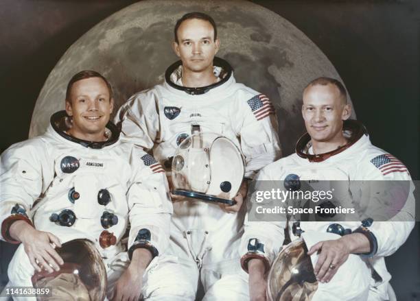 The three crew members of NASA's Apollo 11 lunar landing mission pose for a group portrait a few weeks before the launch, 1st May 1969. From left to...