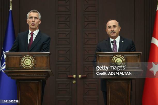Turkish Foreign Minister Mevlut Cavusoglu and NATO Secretary General Jens Stoltenberg hold a joint press conference at Cankaya Palace in Ankara, on...