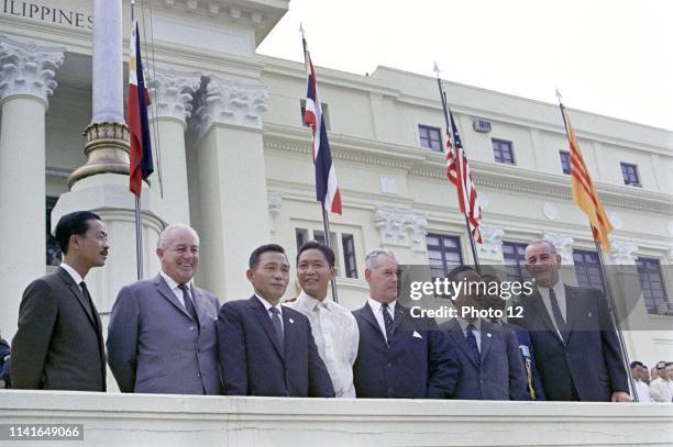 President Park Chung-hee at the 1966 SEATO convention in the Philippines. Also present were left to right: Vice president Ky Ferdinand Marcos...