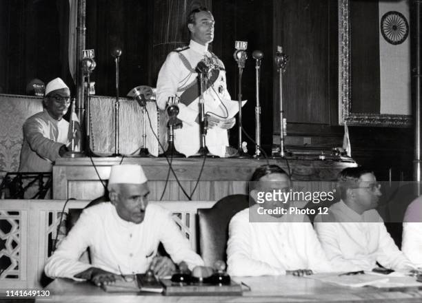 Jawaharlal Nehru and Lord Mountbatten Declare Indian Independence in Constituent Assembly, Delhi 15 August 1947.