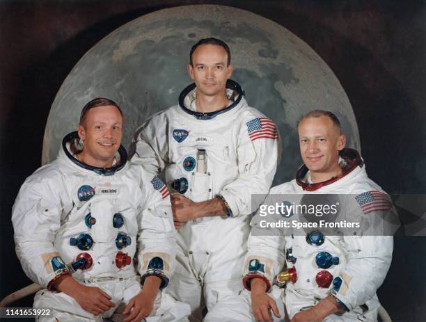 The three crew members of NASA's Apollo 11 lunar landing mission pose for a group portrait a few weeks before the launch, May 1969. From left to...