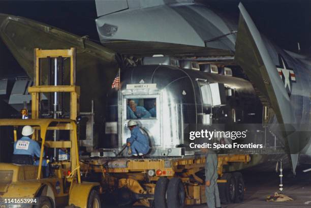 The three crew members of NASA's Apollo 11 lunar landing mission arrive at Ellington Air Force Base near Houston in Texas in the Hornet 3, a Mobile...