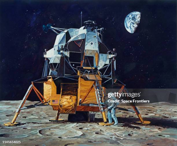 An artist's impression of Commander Neil Armstrong walking on the surface of the Moon during NASA's Apollo 11 lunar landing mission, July 1969. He is...