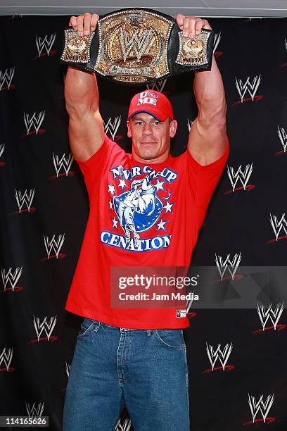 John Cena poses during a press conference with wrestlers of WWE at Four Seasons Hotel on May 13, 2011 In Mexico City, Mexico.