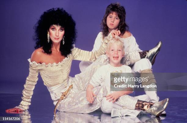 Singer and actress Cher, her daughter Chastity Bono and son Elijah Blue Allman pose for a photo session in June 1981 in Los Angeles, California.