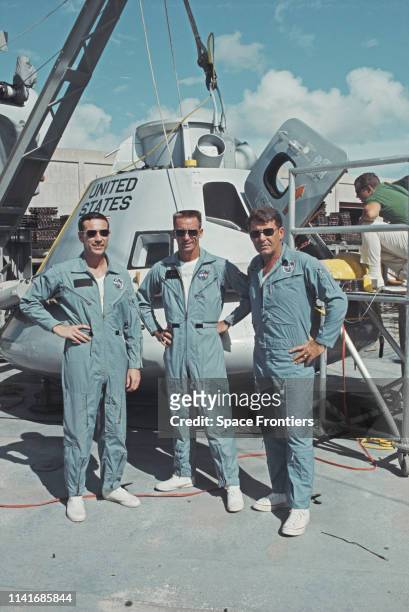 From left to right, astronauts Donn Fulton Eisele, Ronnie Walter Cunningham and Walter Schirra on the deck of the 'MV Retriever' during training for...
